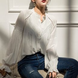 Womens Blouses Shirts Autumn LongSleeved White French Fashion Female Puff Sleeve Retro Tops Viscose Boho Mujer Lace 230726