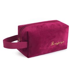 1 Pc Women Zipper Velvet Make Up Bag Embroidery Velvet Beauty Pouch Luxury Flannel Portable Travel Furry Cosmetic Bag