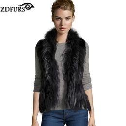 Coats Zdfurs * High Quality Hot Sale Knitted Rabbit Fur Vest Raccoon Dog Fur Collar Knitted Vest Rabbit Fur Waistcoat Zdkr165005