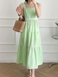 Casual Dresses 2023 Girls Summer Fashion Lace Patchwork Green Long Dress Chic Lady High Waist Straight Sling Strapless