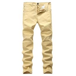 Men's Jeans Top Quality Khaki Biker Jeans Pleated Design Mens Skinny slim Stretch Denim pants New Arrival Hip-Hop Street Ripp258A