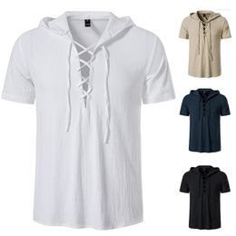 Men's T Shirts 2023 V-neck T-SHIRT Summer Men Short-Sleeved Hooded Tshirt Cotton And Linen Casual Male T-shirtViking Shirt Top