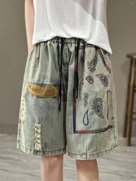 Women's Jeans 23Women Denim Knee-Length Summer Indie Folk Style Vintage Embroidery Hole Female Tide Wide Leg Pants