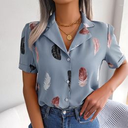 Women's Blouses Elegant Feather Print Shirtds Women 2023 Summer Loose Short Sleeve Blouse Woman Fashion Notched Collar Casual Tops Blusas