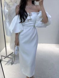 New- S-elf-Portrait White Off the Shoulder Midi Dress Crepe Bow Dress for Women