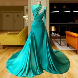 Green Celebrity Evening Dresses One Shoulder Draped Satin Red Carpet Runaway Dress for Women Beaded Overskirt Formal Gowns