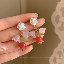 Dangle Earrings Pink Rose Blossom Immortal Spirit Simple French Camellia Retro