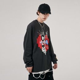 Men's T Shirts Autumn 2023 High Street Cartoon Theme Love Print Couple Round Neck Pullover Long Sleeve T-Shirt