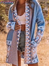 Women's Knits Tees Summer Bohemian Blue Printed Knitted Cardigan Women Winter Loose Midlength Ethnic Pattern Fall Sweaters Female 230725