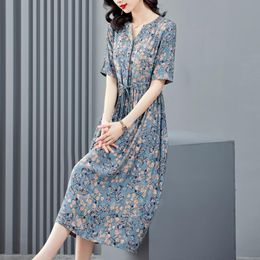 Swimwear Chinese Style Retro Printed Loose Dress Ladies Spring 2022 High Quality Thin Silk Long Skirt Elegant Party Short Sleeve Dress