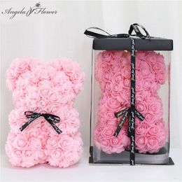 Dried Flowers DIY 25 cm Teddy Rose Bear With Box Artificial PE Flower Valentines Day For Girlfriend Women Wife Mothers Gifts 230725