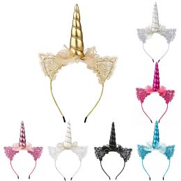 Baby Girls Unicorn Headband Lace Cat Ears Sticks Kids Children Bow Headbands Halloween Birthday Party Headdress HHA668 379 Y2ZZ