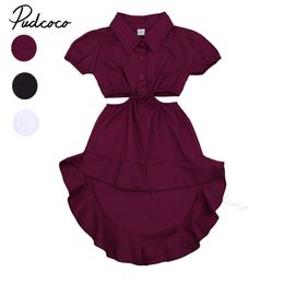 Girl s Dresses Infant Kids Baby Girl Solid Colour Shirt Dress Short Sleeve Top Hollowed Cut Out Waist Asymmetrical Hem Summer 1 6Y 230725