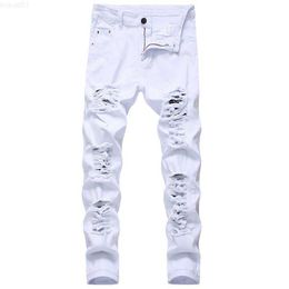 Men's Men Ripped White Red Black Stretch Slim Fit Spring Autumn Denim Distressed Hip Hop Streetwear Biker Jeans Pants X0621 L230726