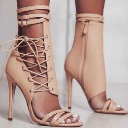 Sandals Summer Design Hollow Out Cross tied Lace Up Boots Sexy Peep Toe Zip Ankle Buckle Strap Stiletto Heels Shoes 230417