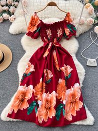 Basic Casual Dresses YuooMuoo Limited Big Sales Women Dress Vintage Print Flowers Sash Bandage Long Summer Dress Elegant Y2K Korean Party Vestido 230725