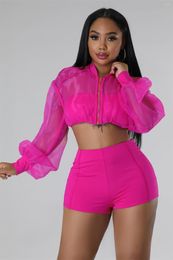 Women's Tracksuits Sexy Mesh 2 Piece Sets Women Outfit Patchwork Long Sleeves Zipper Crop Tops Summer Female Sporty Skinny Short