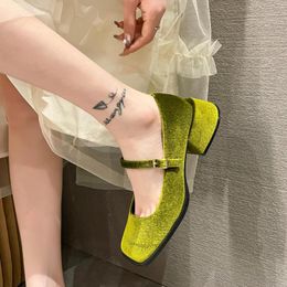 Dress Shoes Female Golden Velvet 2023 Square Toe College Style Casual Pumps Fashion Shallow Buckle Girls