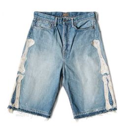 Mens Designer Jeans Kapital Hirata Hohiro Loose Relaxed Pants Embroidered Bone Wash Used Raw Edge Denim Shorts for Men and Women