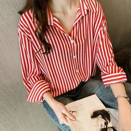 Womens Blouses Shirts Girl Chic Sling Striped Shirt Women Strapless Long Sleeve Female Turn Down Leisure Fashion Loose Ladies Top H9124 230726