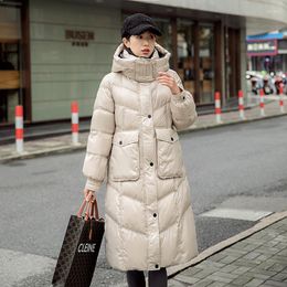 Women's Down 2023 Jacket Women Long Knee Hooded Fashion Parkas Thick Loose Disposable Windproof Warm White Duck Coats Female