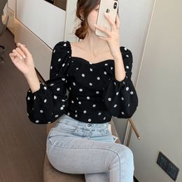 Womens Blouses Shirts Blouse Femme Autumn Polka Dot Black White Puff Sleeve Top Chiffon Shirt Square Collar Casual Long Women 230726