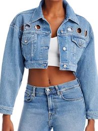 Womens Jackets HighEnd Designer Models Fashion Diamond Hollow Design Denim Short Jacket Tops 230726