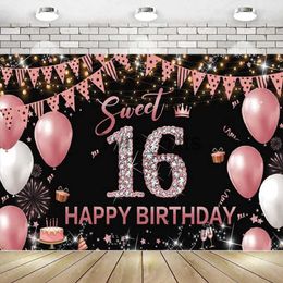 Background Material Sweet 16th Birthday Background Banner Decoration Rose Gold Girl Photo Booth Background Poster Princess Party X0725