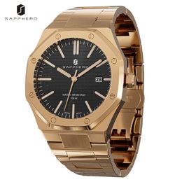 Other Watches SAPPHERO Mens Watch Octagon Design 100M Waterproof Luxury Quartz Rose Gold Wristwatch for Men Business Date Luminous Clock 230725