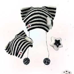 Beanie/Skull Caps Striped Y2K Beanie Cat Ear Women Contrast Cute Devil Horns Hat Girls Handmade Crochet Winter Warm Ski Cap Halloween Bonnet 230725