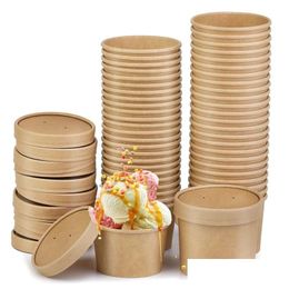 Disposable Take Out Containers Soup Cups Paper Kraft Bowls Ice Cream Cup With Lids Drop Delivery Home Garden Kitchen Dining Bar Suppli Otjgs