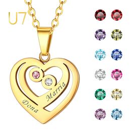 Pendant Necklaces U7 Stainless Steel Custom Names Necklace with Birthstones Engraved Layered Heart Pendant Personalised Jewellery for Mom Grandma 230725