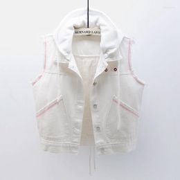 Women's Vests Korean Fashion Hooded White Short Denim Vest Women Loose Big Pocket Sleeveless Jacket Back Cord Jeans Coat Waistcoat Female