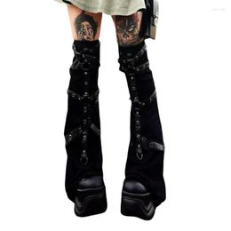 Women Socks Punk Style Ankle Leg Warmer Fall Winter Black Metal Buckle Warmers Knitted Y2k High Knee Legging Boot Thigh