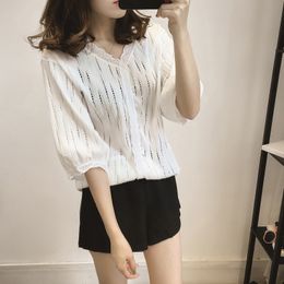 Womens Blouses Shirts Summer Large Size Women Shirt Female Halfsleeved Loose Hollow Blouse Top Lady Girl Lace White Casual Clothes H9016 230726