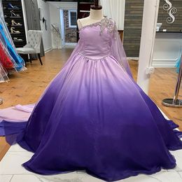 Ombre Purple Girl Pageant Dresses 2023 Crystals Beading Chiffon Dress Ballgown Little Kids Birthday Long Sleeve Formal Party Wear 243m