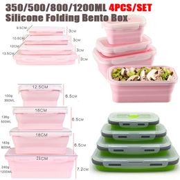Thermoses 4pcs set Silicone Rectangle Lunch Box Collapsible Bento Folding Food Container Bowl 300 500 800 1200ml for Dinnerware 230725
