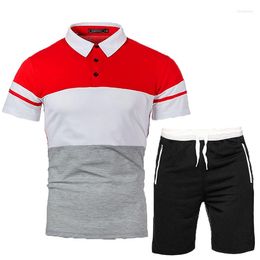 Men's Tracksuits 2023 Summer Man Patchwork Short-sleeved T-shirt Shorts 2-piece Suit Lapel Slim Polo Shirt Men Sets Elastic Waist Asian Size