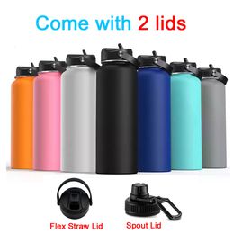 Tumblers Custom 18oz 32oz 40oz Large Capacity Vacuum Water Bottle With 2 Lids Stainless Steel Wide Mouth Hydroes Thermal Thermos Flask 230725