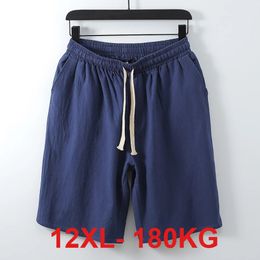 large size 12XL 10XL 180KG Mens Shorts Summer Cotton Linen Shorts Casual Beach Shorts Breathable Drawstring High Elastic Waist