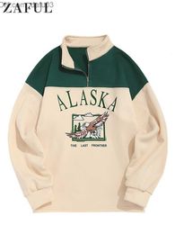 Women's Hoodies Sweatshirts ZAFUL Wool Hoodie Men's Alaska Graphic Eagle Print Sweatshirt Color Lock Retro Street Fashion Zipper Sweatshirt Unisex Z230726