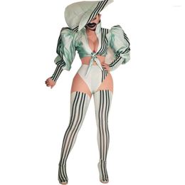 Stage Wear Striped Green Four-Piece Bikini Suit Bendable Hat Lantern Sleeve Party Evening Costume Nightclub Dance Women