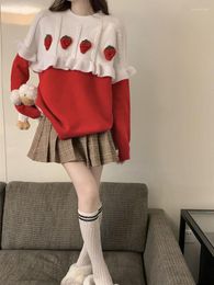 Women's Sweaters KIMOKOKM Preppy Sweety Girl Year Pullover Kawaii O-Neck Vintage Strawberry Ruffles Full Sleeve Loose Knitting Red Sweater