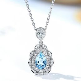 Vintage aquamarine blue crystal topaz gemstones diamond pendant necklaces for women white gold silver color jewelry fashion gift235q