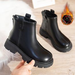 Boots Girls Waterproof Ankle Autumn/Winter Large Children Warm Plush Leather Fashion Back Zipper Kids Rubber Sneakers