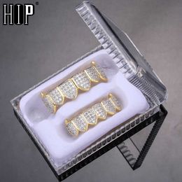 Hip Hop Iced Teeth Caps Cubic Zircon Micro Pave Top & Bottom Charm Grills Set for Men Women Jewellery Box Pack Gift 230726