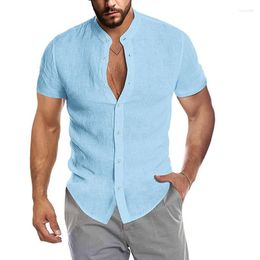 Men's Casual Shirts Summer V-neck Linen Cardigan Stand Collar Shirt Button Up Designer Short Sleeve Soild Lapel For Men