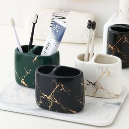 Toothbrush Holders Toothpaste Holder Marbling Ceramics Bathroom Cup Multifunction Barrel Supplies 230726