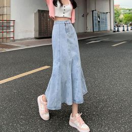 Skirts Light Blue Denim Fishtail Skirt Women Korean High Waist Slim Fit Wrap Hip Woman Elastic Skinny Mid-Length