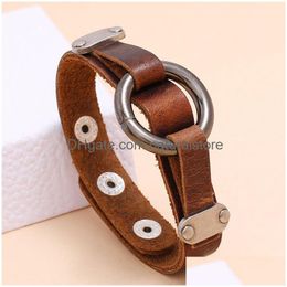 Bangle Metal O Ring Leather Cuff Button Adjustable Bracelet Wristand For Men Women Fashion Jewellery Drop Delivery Bracelets Dhxsu